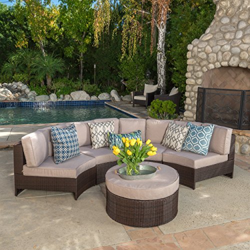 Riviera Ponza 5 Piece Outdoor Wicker Patio Furniture Semicircular Sectional Sofa Seating Set w/ Waterproof Cushions (Standard Ottoman, Beige)
