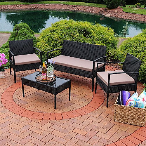 Sunnydaze Anadia 4-Piece Rattan Lounger Patio Furniture Set with Black Wicker and Taupe Cushions