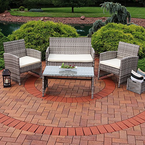 Sunnydaze Lomero 4-Piece Lounger Patio Furniture Set with Brown Wicker Rattan and Beige Cushions