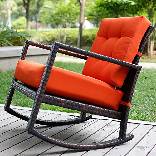 Merax Cushioned Rattan Rocker Chair Rocking Armchair Chair Outdoor Patio Glider Lounge Wicker Chair Furniture with Orange Cushion