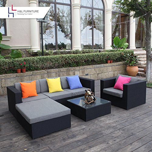 H&L Patio 6PCS Rattan Wicker Sofa Set Outdoor Garden Furniture Cushioned Sofa Set with Ottoman Black,No Assembly Required