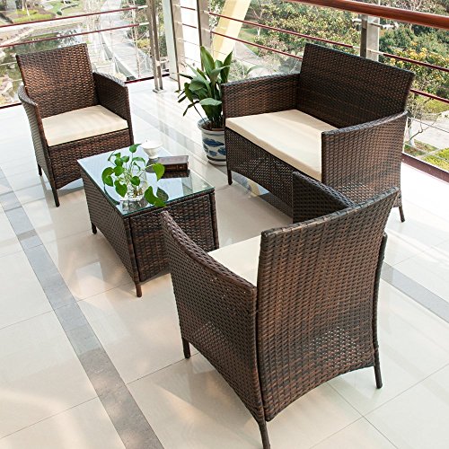 Merax 4 PCS Patio Rattan Furniture Set Cushioned Outdoor Garden Wicker Rattan furniture with Beige Cushion (Brown-NO.2)